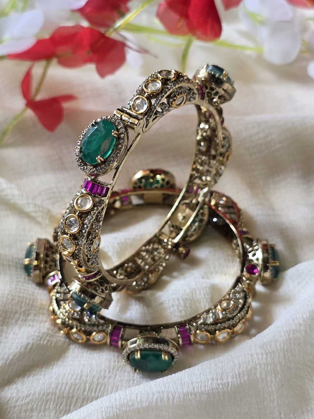 Emerald Aura Victorian CZ Kada | Designer Openable Statement Bangles for Women