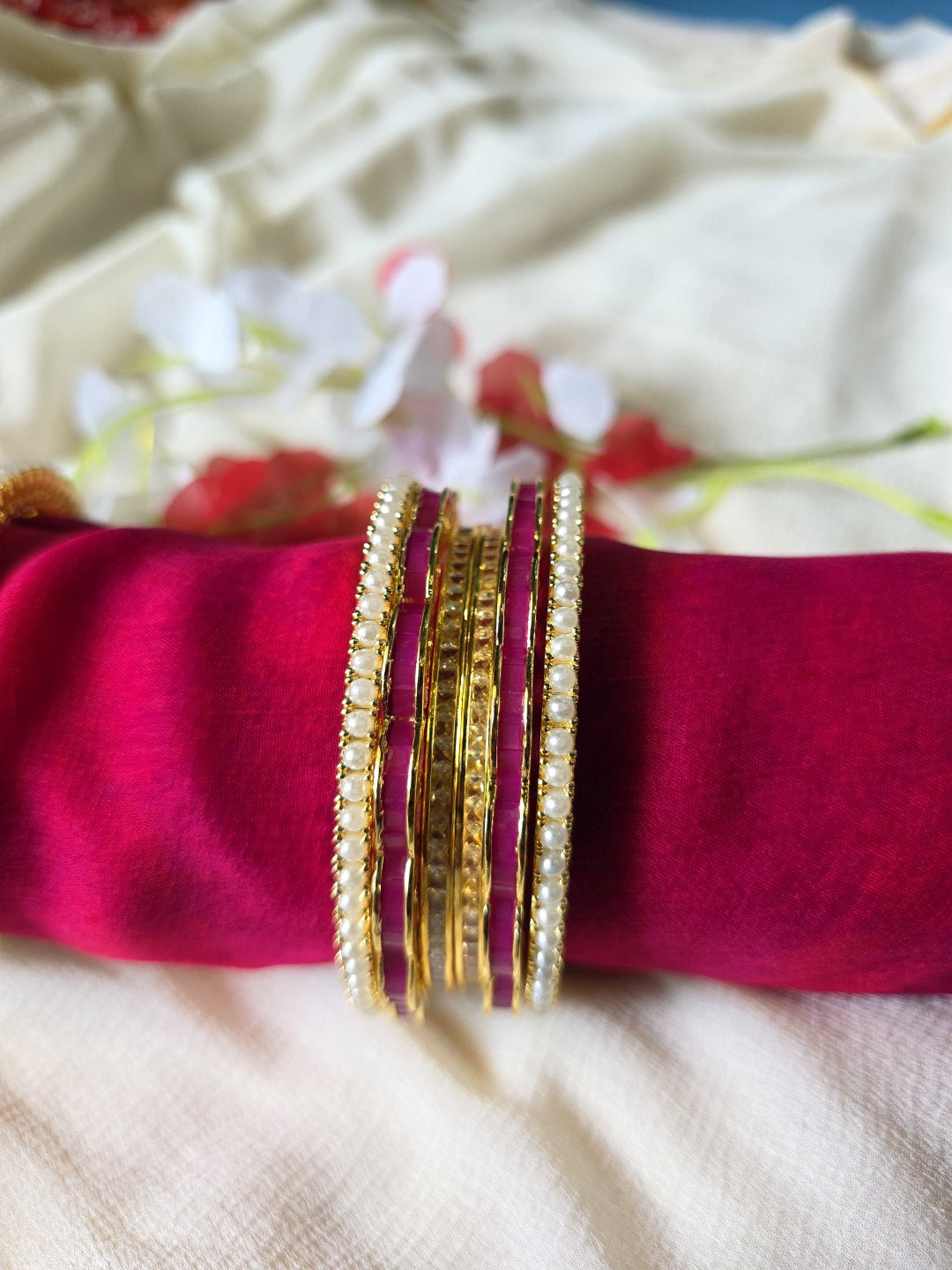 Rajwada Pearl & Ruby Bangle Set | Gold Plated Traditional Bridal Bangles for Women