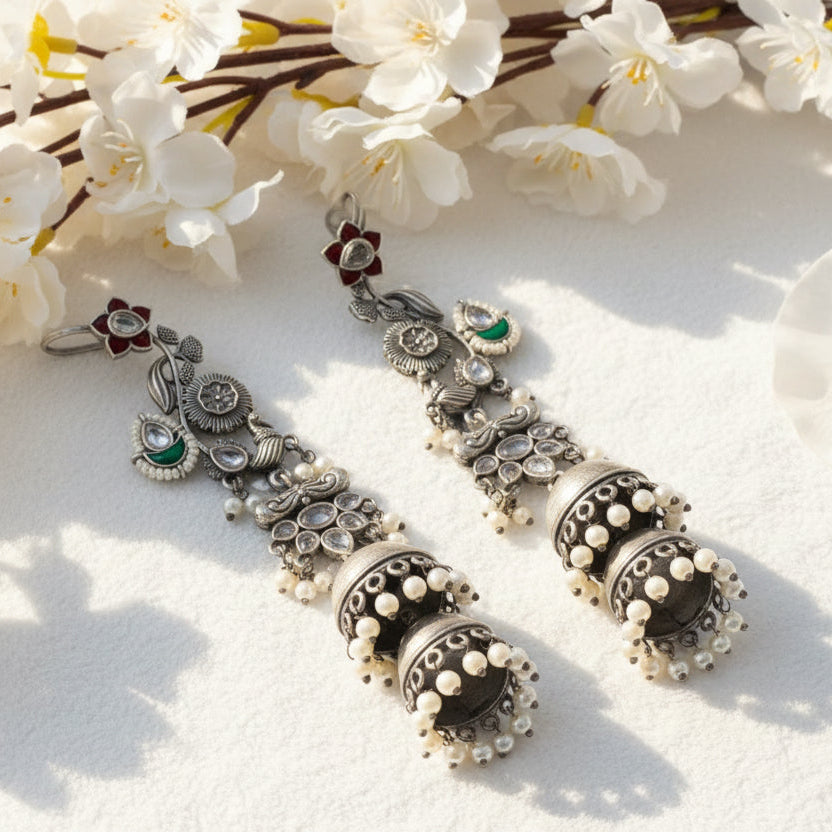 Adira Floral Earcuff Jhumkas In German Silver Pacchi Kundan Pearl Earrings by Alankrent