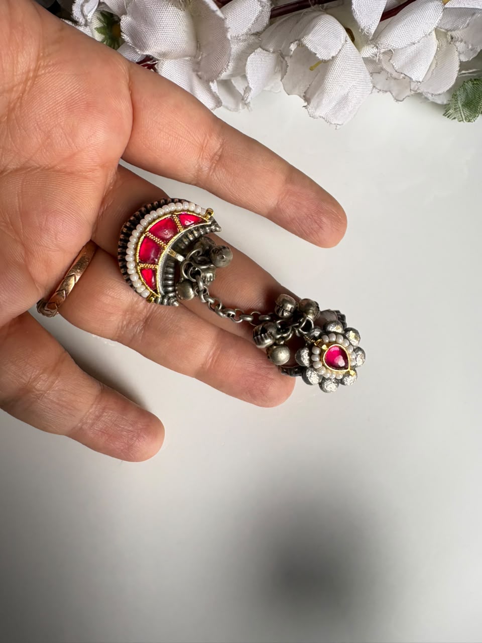 Rangrez Sla Kundan Fusion Statement Ring
Handcrafted Antique Silver Fusion Ring | Adjustable Kundan Cocktail Ring | Designer Heritage Statement Jewellery