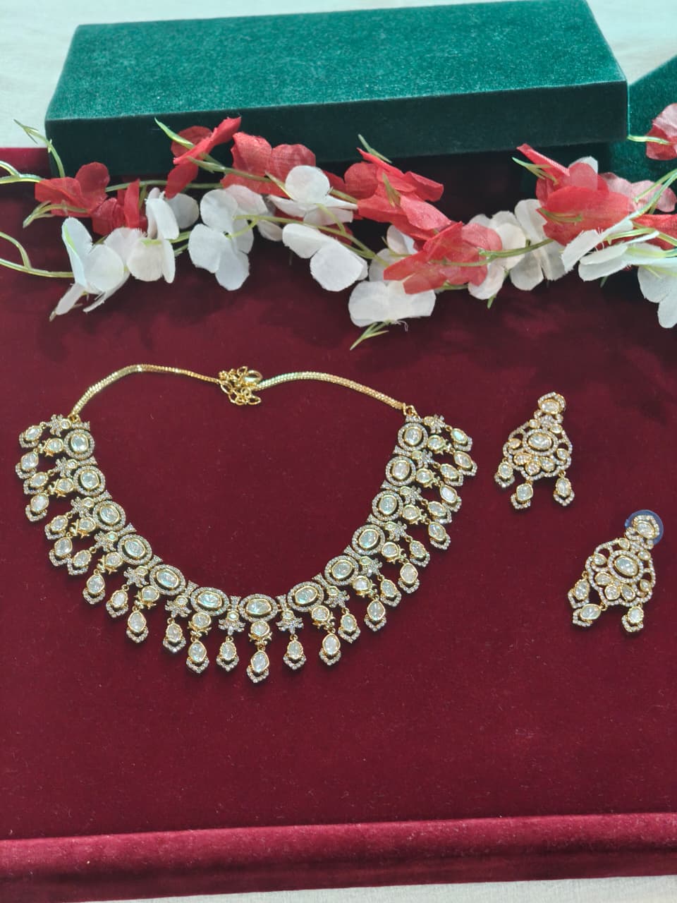 Rajashri Chandralekha Semi-Bridal Set | Moissanite Semi Bridal Necklace Set with Earrings | Victorian Style Traditional Indian Jewellery