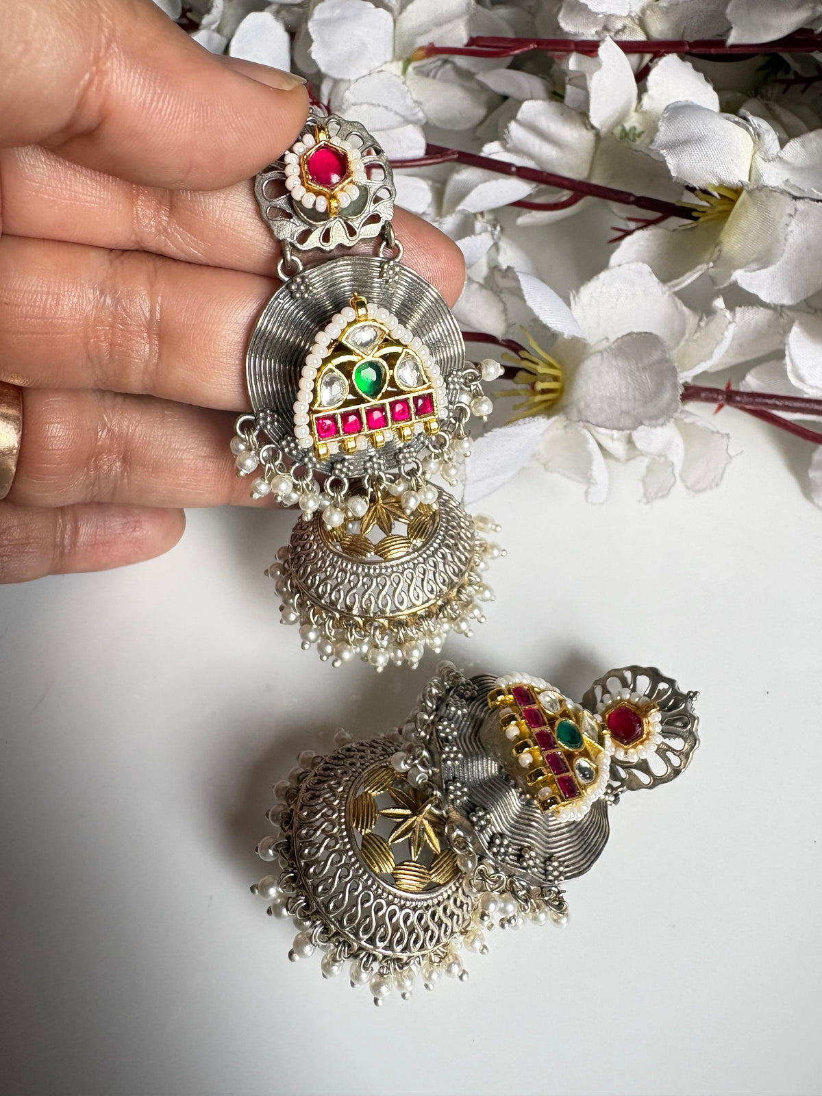 Devanshi Dual Tone Kundan Fusion Jhumka Earrings Online | Premium Ethnic Jhumkas for Women