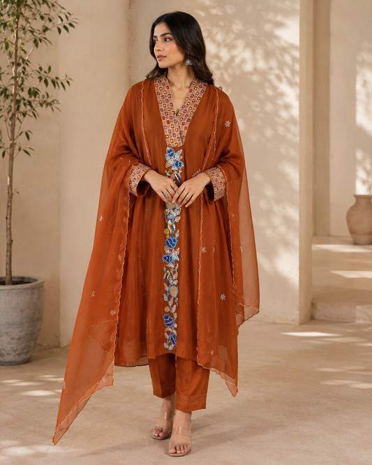 Aavriti Neelambara Rust Mul Chanderi Stitched Suit Set with Designer Neck, Hand Embroidery & Silk Pants