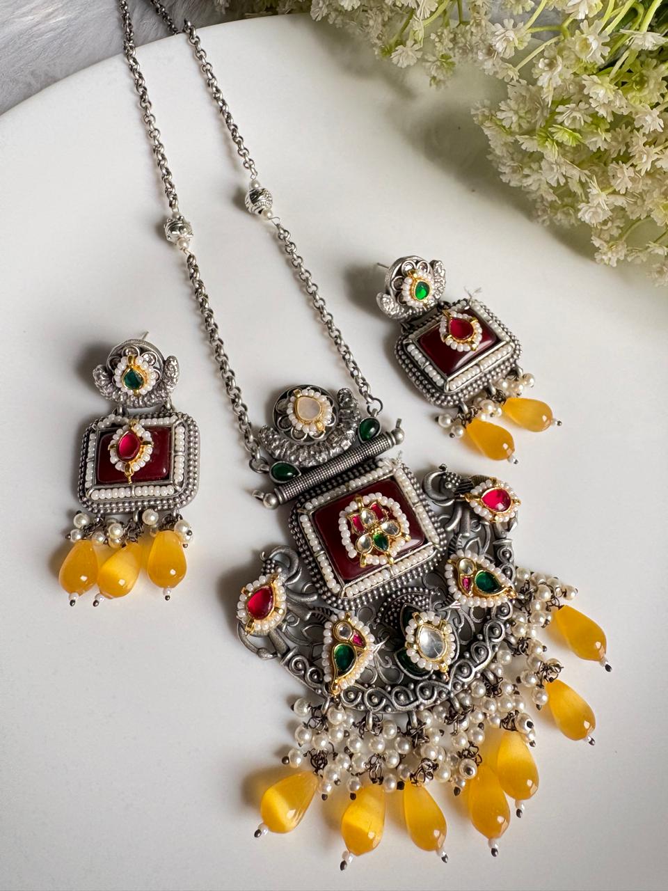 Meherika Kundan Fusion Long Necklace Set | Dual-Tone SLA Necklace with Kundan Earrings