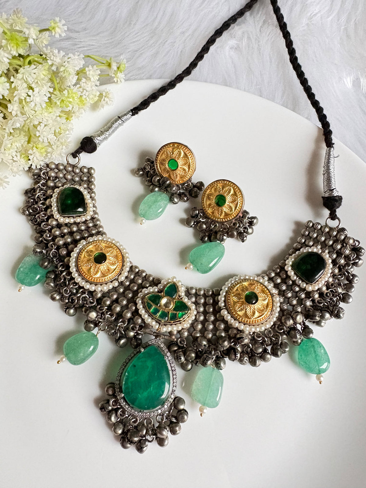 Rajasi Mayura Dual-Tone Choker | Kundan Fusion Dual Tone Choker Necklace Set with Earrings | SLA Silver Lookalike Polish