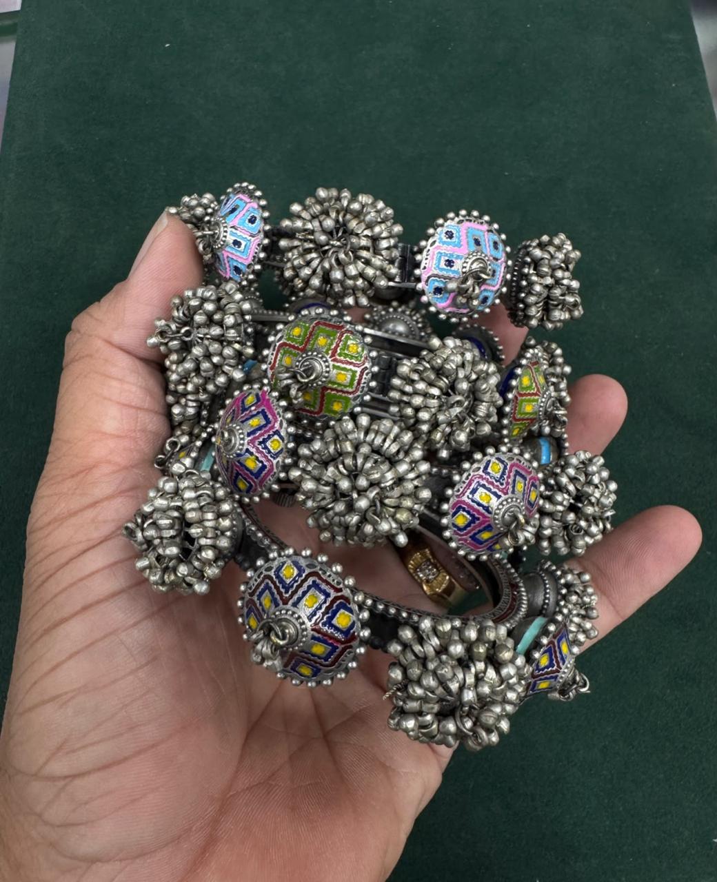 Rangrekha Hand-Painted German Silver Tribal Ghungroo Kada(SINGLE) | Ethnic Statement Bangle for Women