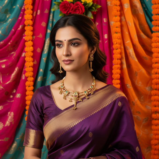 Gold Matt Hasli Necklace with Kundan Fusion and Long Earrings – Festive Jewellery – Handcrafted Indian Kundan Jewellery | Premium Statement Necklace Set Online - Alankrent Luxe