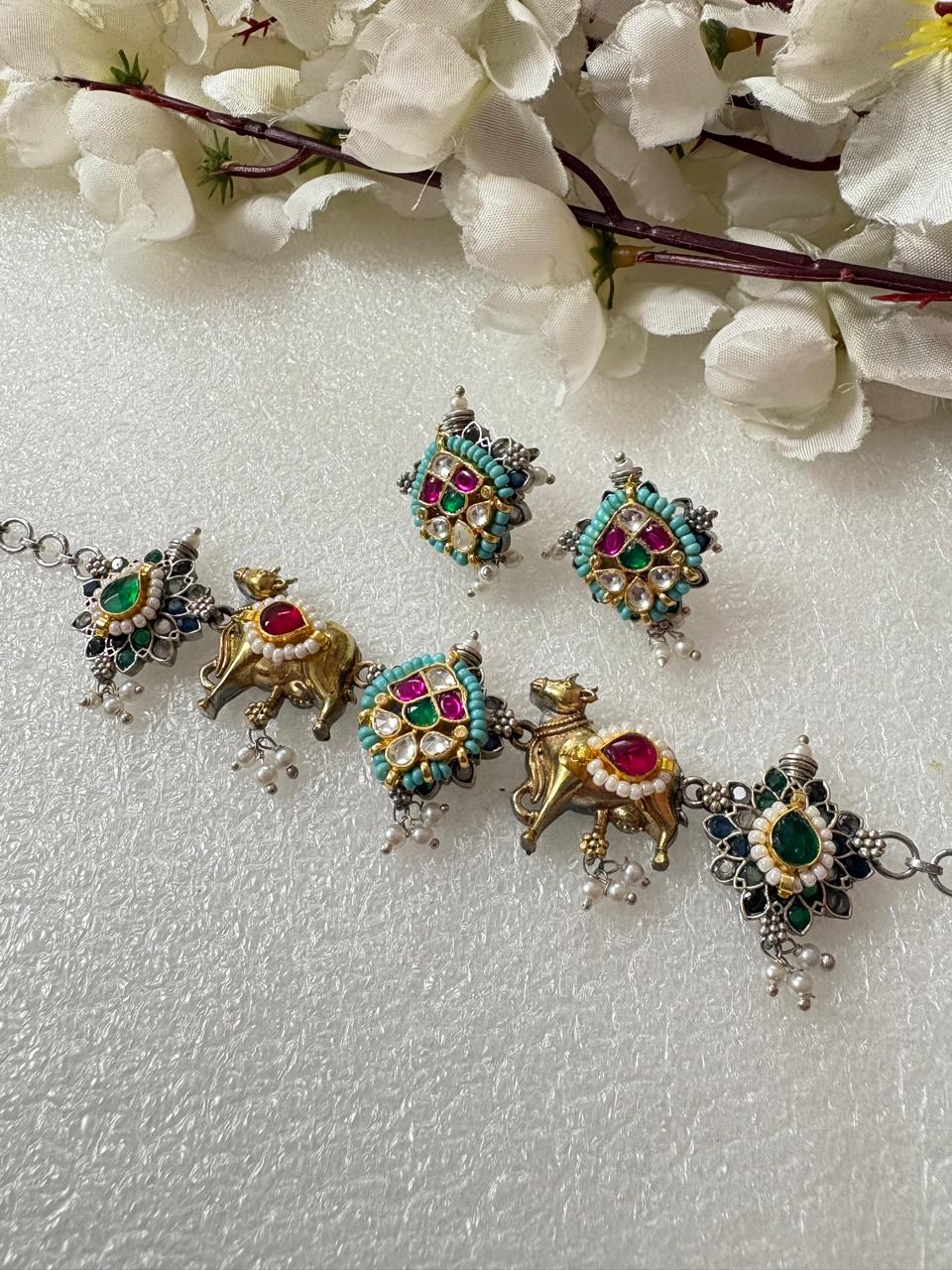 Ready to Ship | Antique Dual Tone Kundan Nandi Choker Set | Silver Look Alike Polish | Handcrafted Brass Base with Multicolour Stones & Pearls Limited Edition by Alankrent