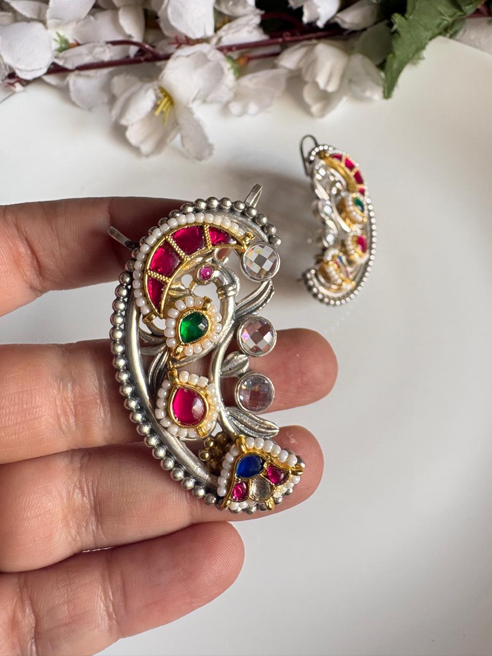 Dualtone Silver Gold Kundan Ear Cuffs | SLA Premium Fusion Statement Earrings | Alankrent Luxe by Alankrent