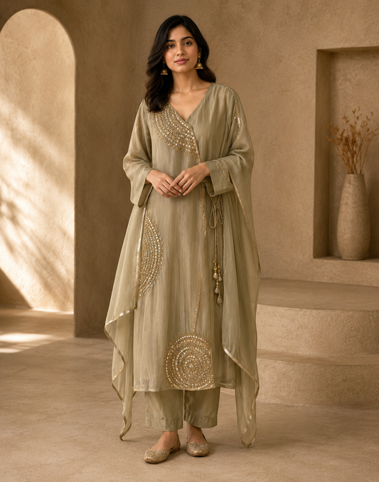 Aavriti Rajvanshi Golden Crush Tissue Angrakha Suit Set with Hand Embroidery, Organza Dupatta & Silk Palazzo