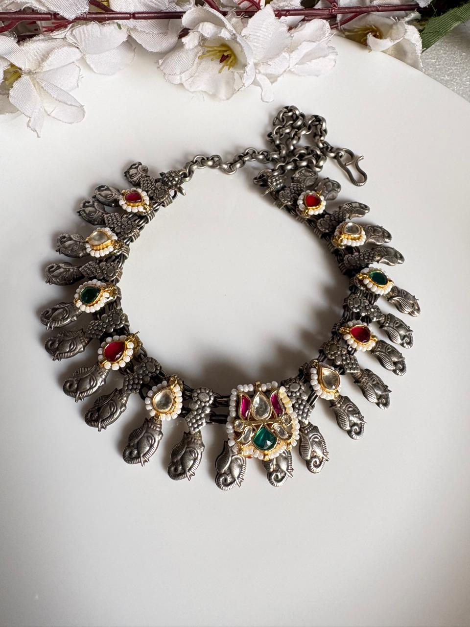 Kolhapuri Kundan Necklace | Oxidised Silver Look Budget Jewellery Kundan Fusion | Alankrent | AK-20260111-KB04 by Alankrent