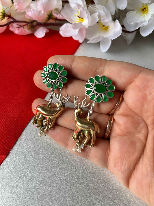Stone SLA Dual Tone Deer Earrings Blue and Green Variant Kundan Style Statement Earrings Alankrent