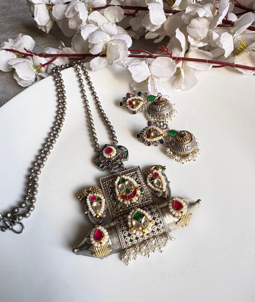 Rajlakshmi Temple Dual Tone SLA Kundan Long Necklace Set with Jhumka Earrings & Pearl Detailing | Premium Ethnic Jewellery Ready Stock | Alankrent | AK-TMP-LN01 by Alankrent
