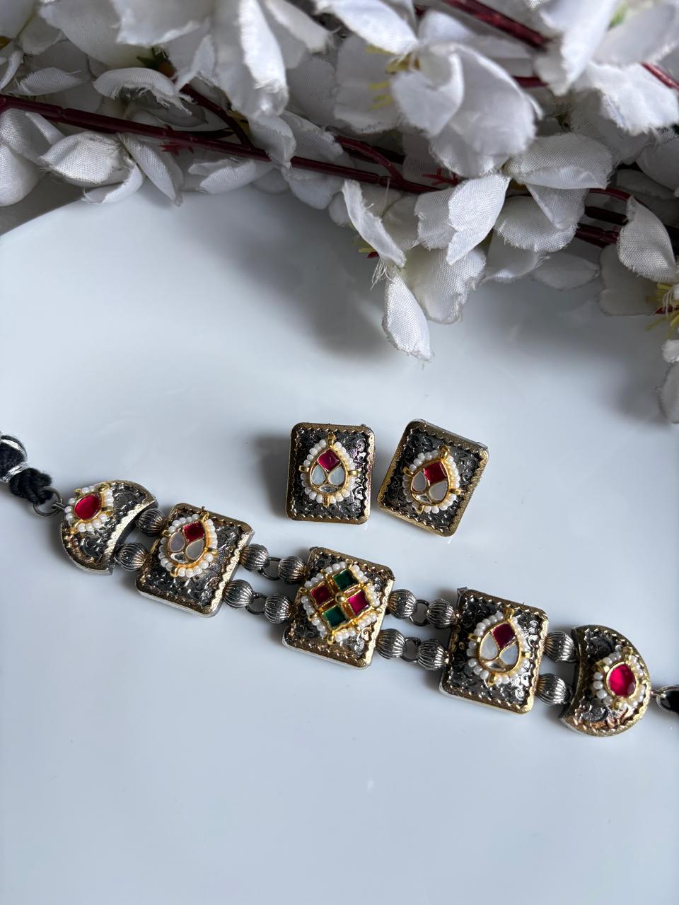 Vasudha Kundan Fusion Dualtone Choker Necklace with Square Earrings – Navratri Jewellery