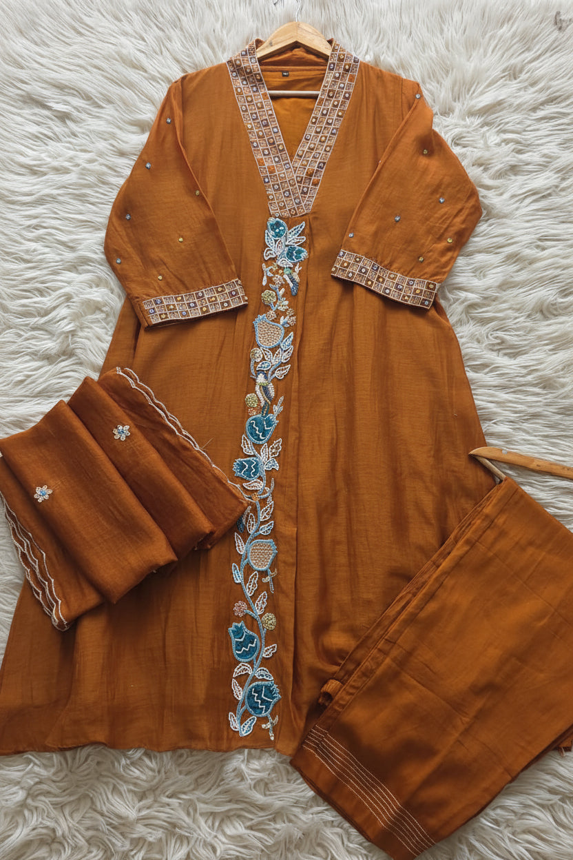 Aavriti Neelambara Rust Mul Chanderi Stitched Suit Set with Designer Neck, Hand Embroidery & Silk Pants