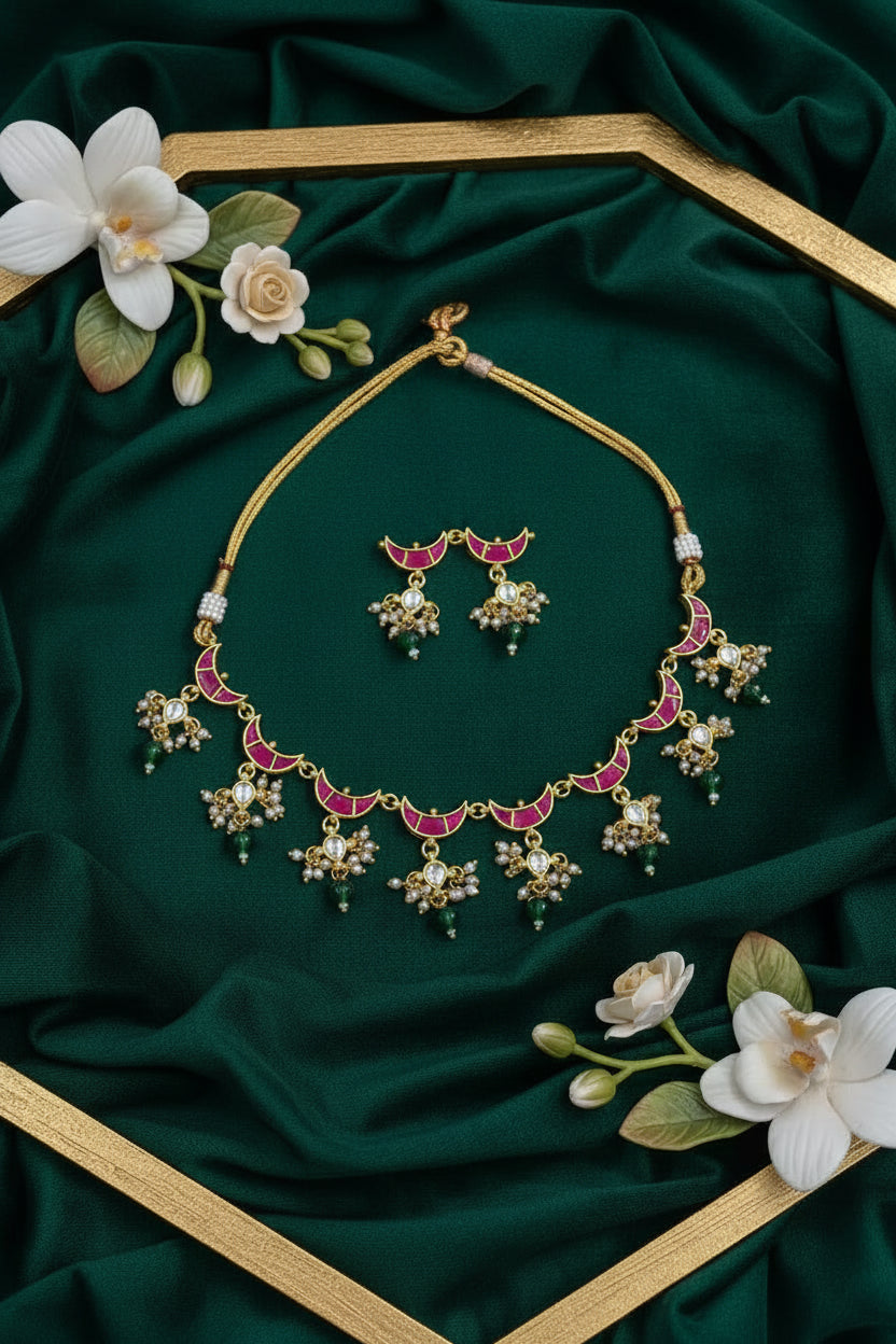 Suhana Rangrez Gulabi Kundan Choker Necklace Set Green Beads Festive Jewellery | Premium Indian Jewellery