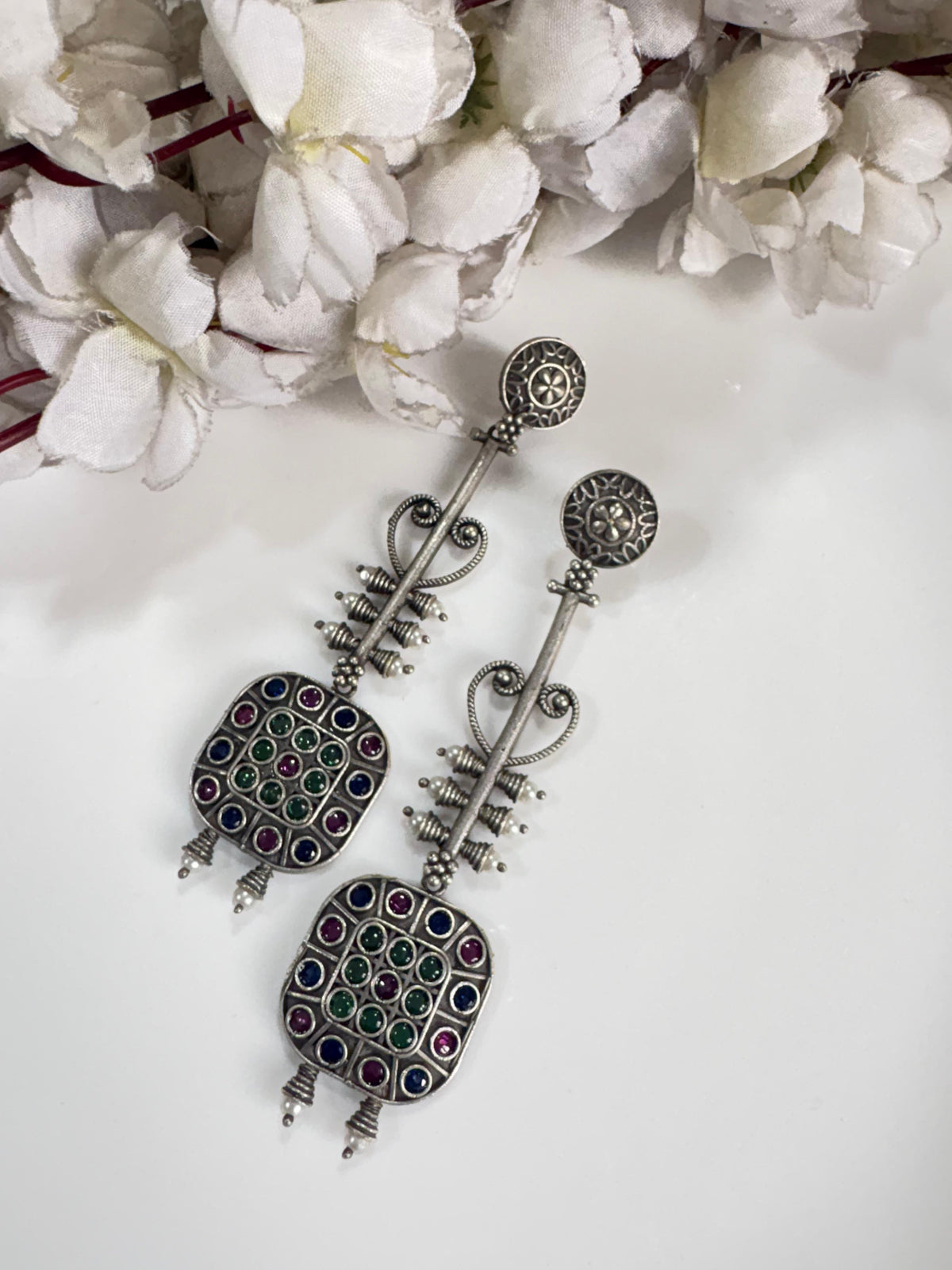 Premium Oxidised Long Stone Earrings for Women | Statement Traditional Dangler Earrings | Ethnic Jewellery