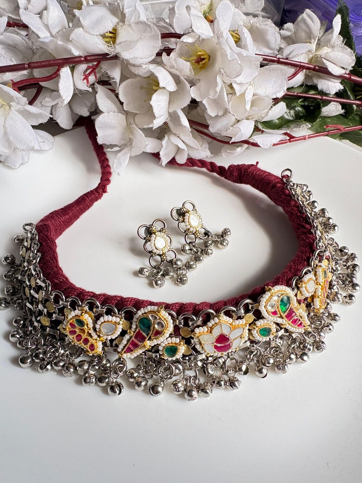 Ghunghroo Varnika Kundan Fusion Thread Dual Tone SLA Necklace Set with Earrings | Premium Brass Heritage Jewellery