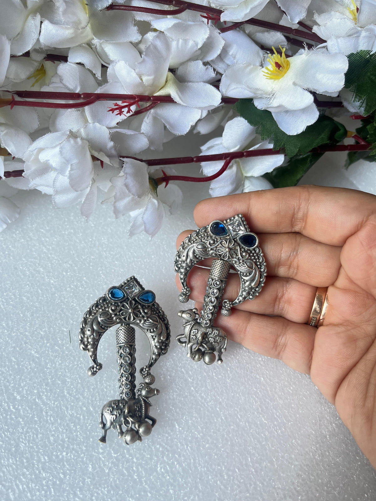 Silver Look Kamdhenu Motif Statement Earrings with Coloured Stones Handcrafted Temple Design by Alankrent