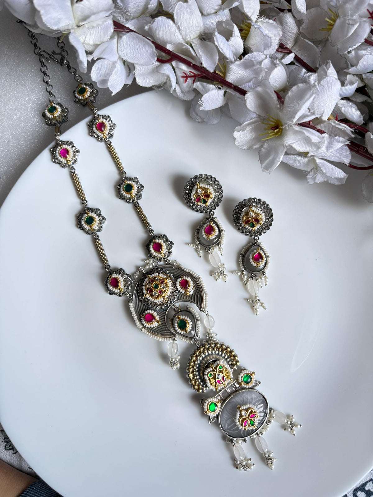 Rajvanshi Dualtone SLA Stone Long Necklace Set with Kundan Fusion | Premium Designer Jewellery