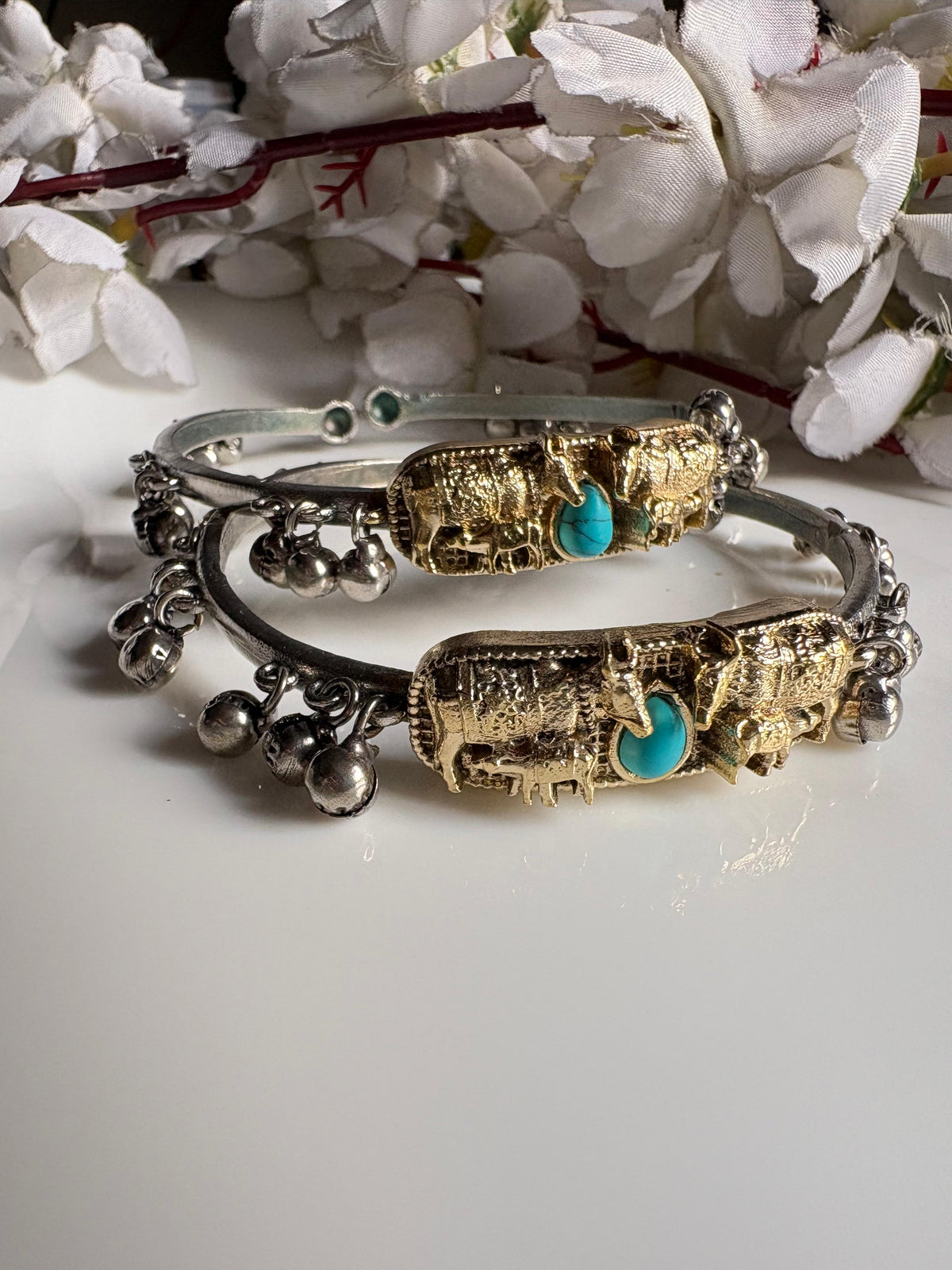 Vrishanandi Nandi Dual Tone Flexible Kada Bangles | Silver Tone Ghungharu Kada for Women | Alankrent Luxe