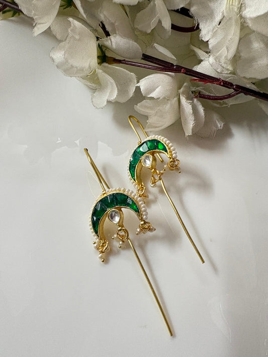 Chaandrika SLA Needle Kundan Earrings – Premium Crescent Moon Fusion Pearl Earrings