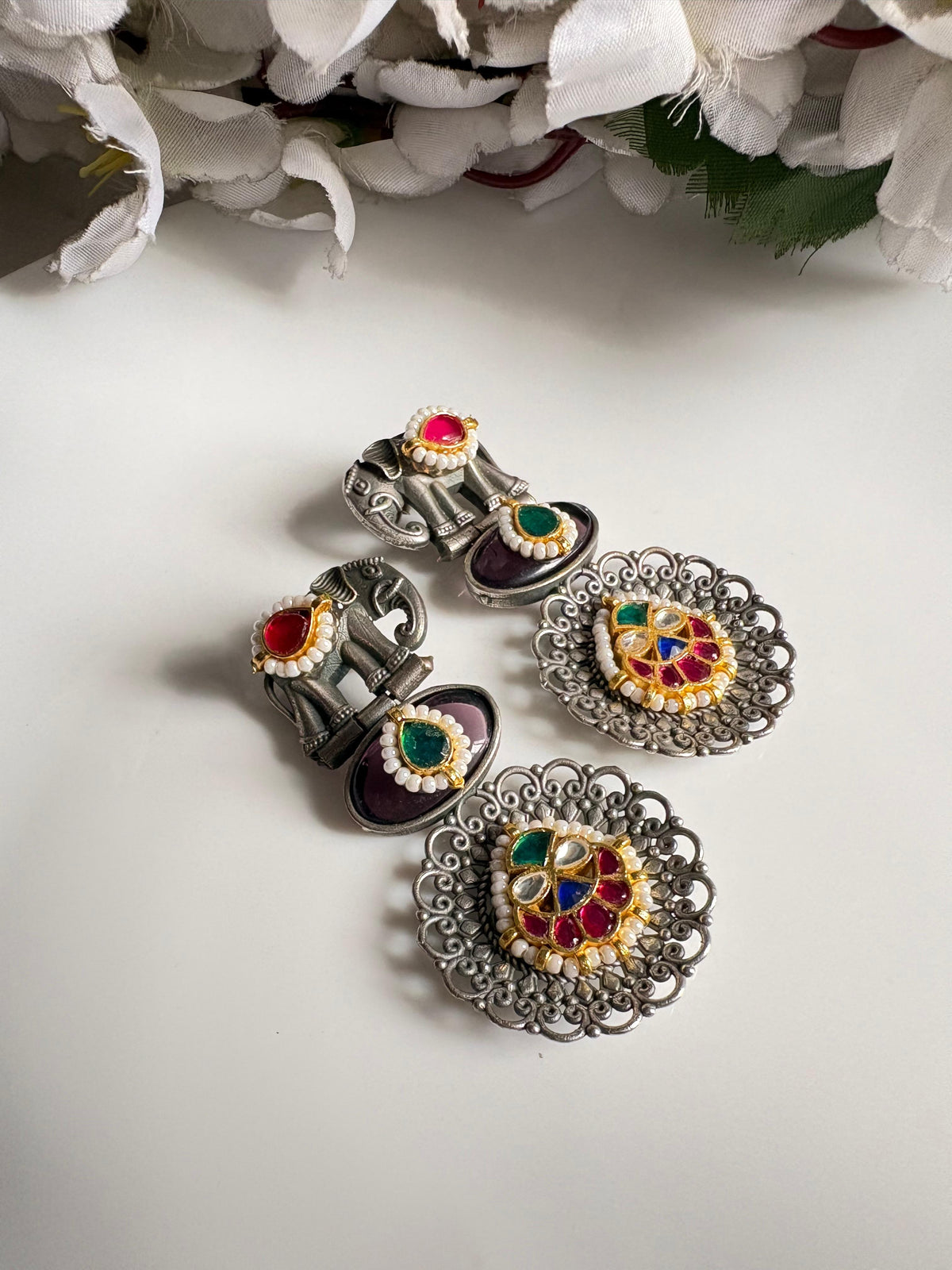 Gajraj Kundan Stone Earrings | Elephant Motif Pachi Kundan Fusion Earrings | SLA Imitation Jewellery