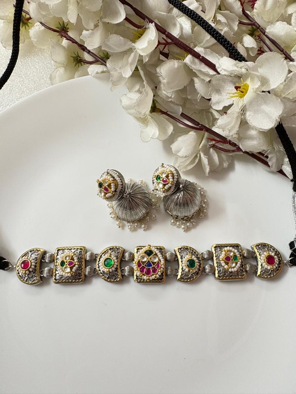 Mrinalika Dualtone Kundan Fusion Choker Set with Statement Jhumkis