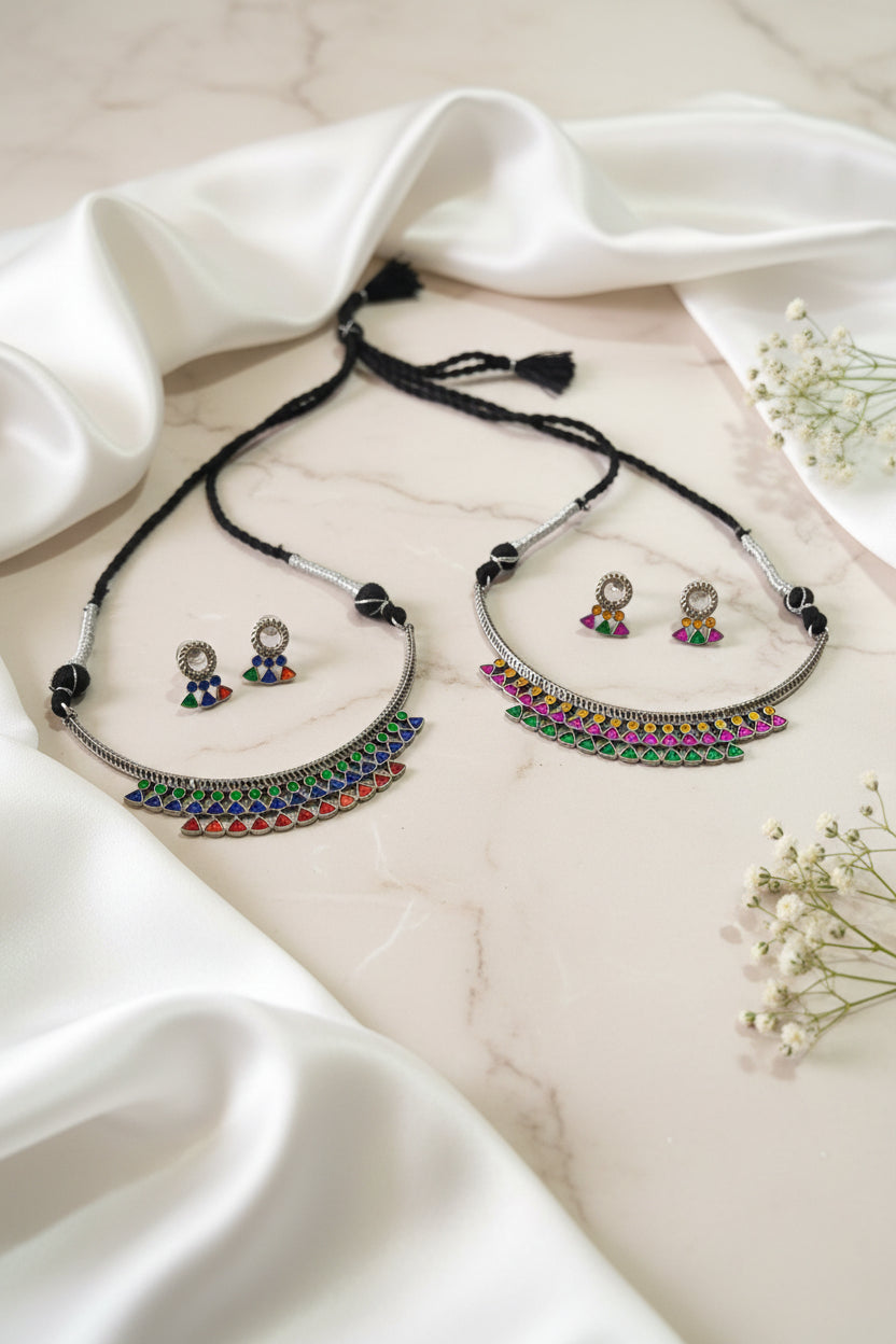 Rangrez Afghani Multi Mirror Hasli Necklace Set | Oxidised Silver Navratri Jewellery