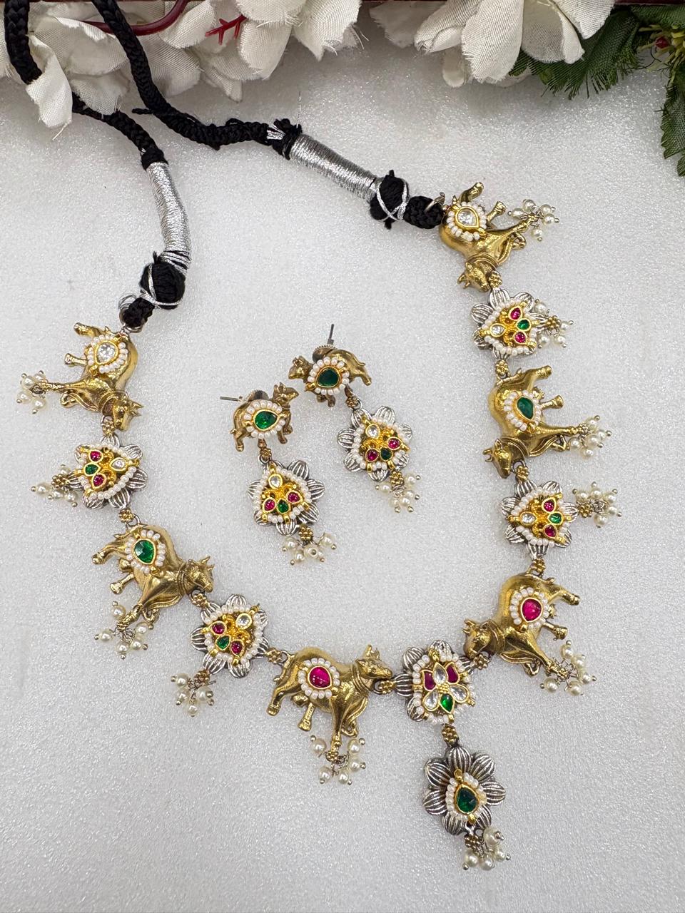 Nandivana Gold Matt Nandi Kundan Fusion Necklace Set with Earrings – Premium Traditional Temple Jewellery for Women