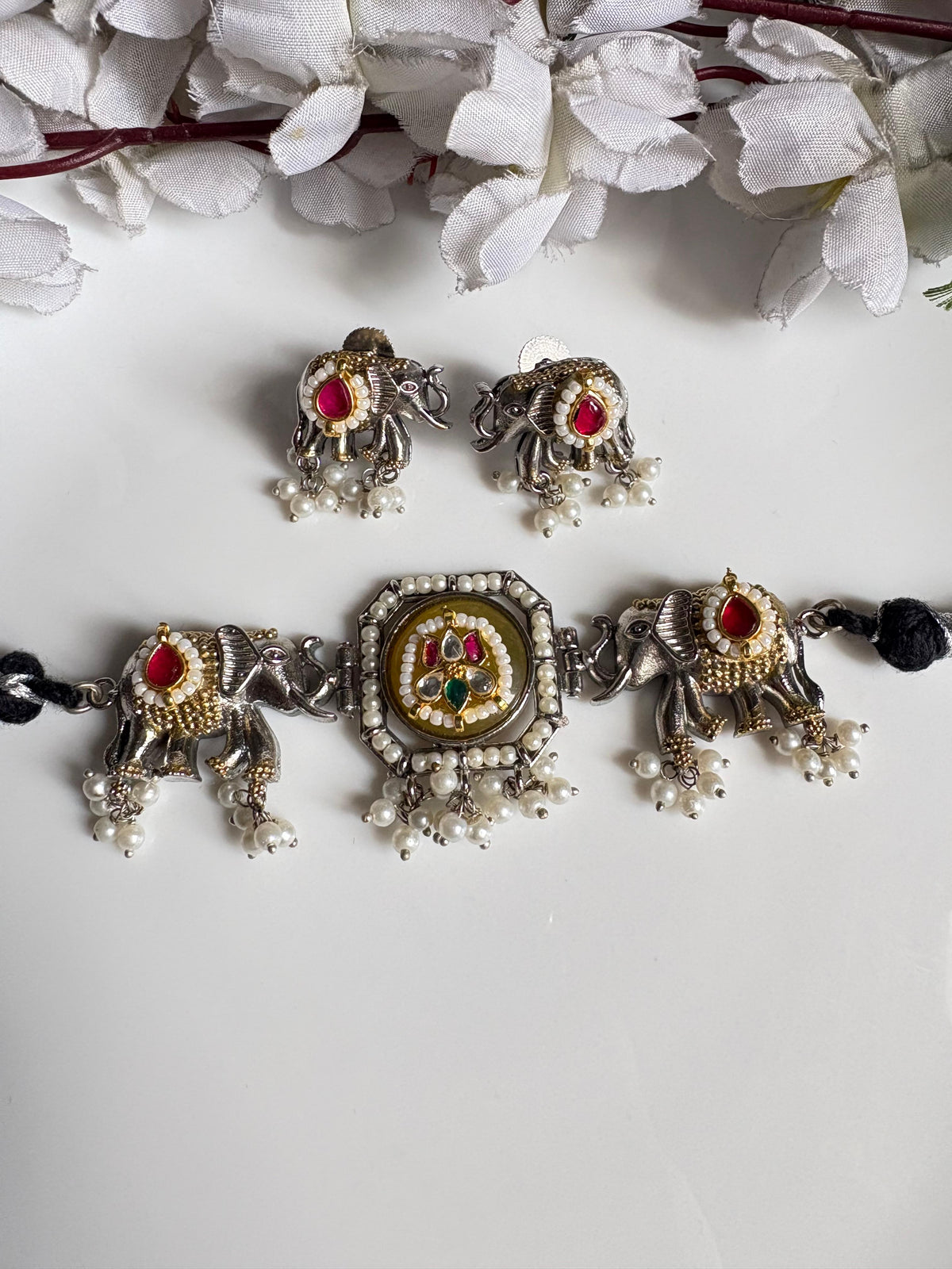 Gajraj Kundan Dual-Tone Necklace Set with Earrings | Elephant Motif Jewellery