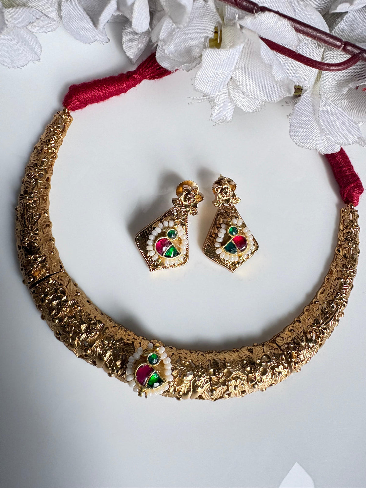 Rajwadi Gold Textured Hasli Necklace Set with Jaipur Kundan | Floral Designer Choker