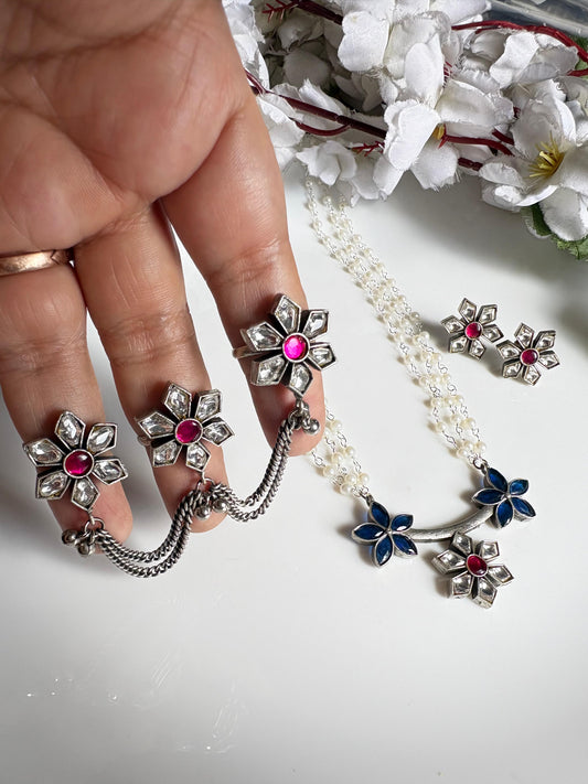 Aaradhya Premium Kundan Jewellery Combo Set | Pearl Necklace, Adjustable Triple Finger Ring & Kundan Tops