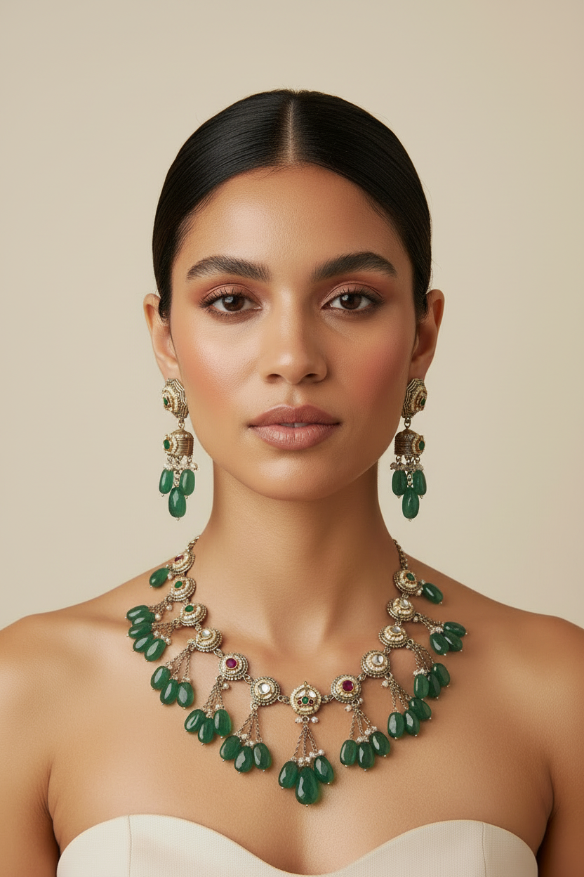 Kundan Fusion Dual Tone Necklace Set With Crystals Silver Look Alike Sla Polish Limited Edition by Alankrent