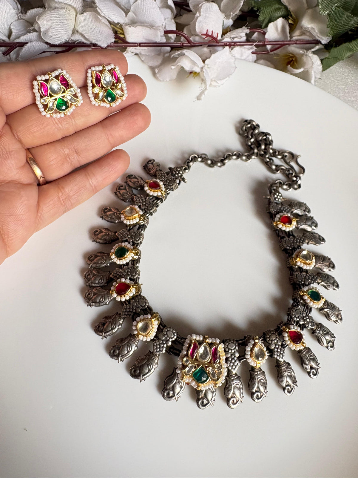 Kundan Kolhapuri Necklace with Small Kundan Fusion Tops Ethnic Jewellery Handcrafted Indian Kundan Jewellery | Premium Statement Necklace Set Online by Alankrent