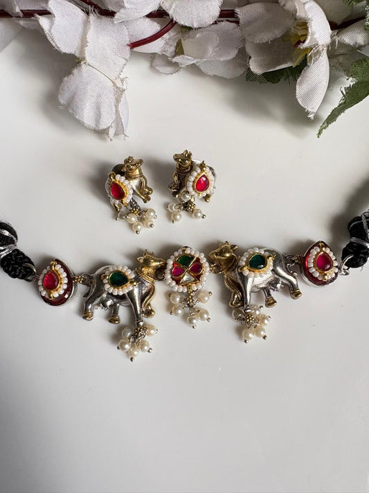 Nandini Kundan Nandi Choker Set with Earrings | Traditional Temple Jewellery