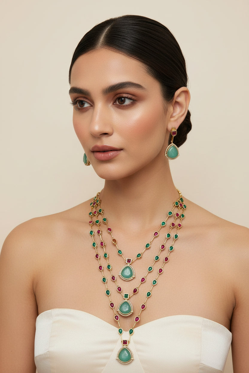 Premium Long Polki Style Necklace With Carved Stone Earrings Gold Finish Ready Stock Alankrent Ak Nl by Alankrent
