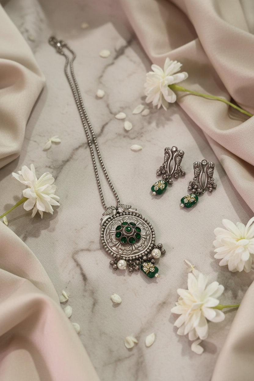 Mayura Rangmeen Long Oxidised Silver Pendant Necklace Set with Pearl Drops | Navratri Jewellery