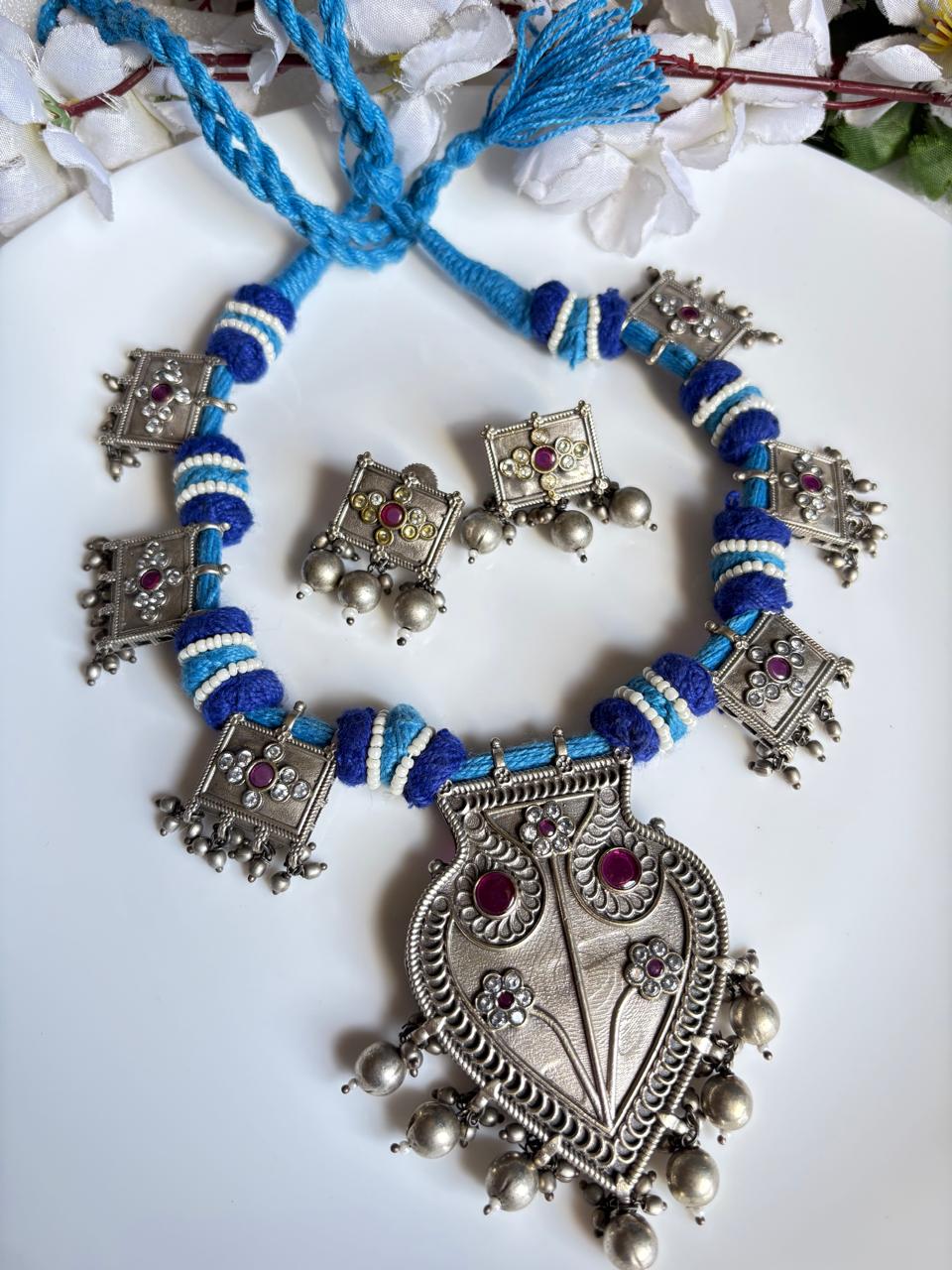 Adivarna Premium Brass Tribal Thread Necklace Set with Earrings | SLA Stone Jewellery | Handmade Ethnic Statement Necklace | Alankrent Luxe