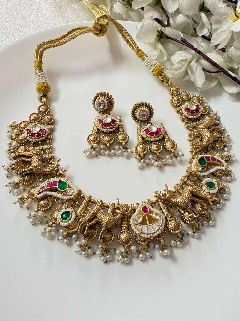 Kundan Gold Matt Necklace Set with Earrings | SLA Finish Brass Jewellery Limited Edition | Alankrent | AK-20260111-KG02 by Alankrent