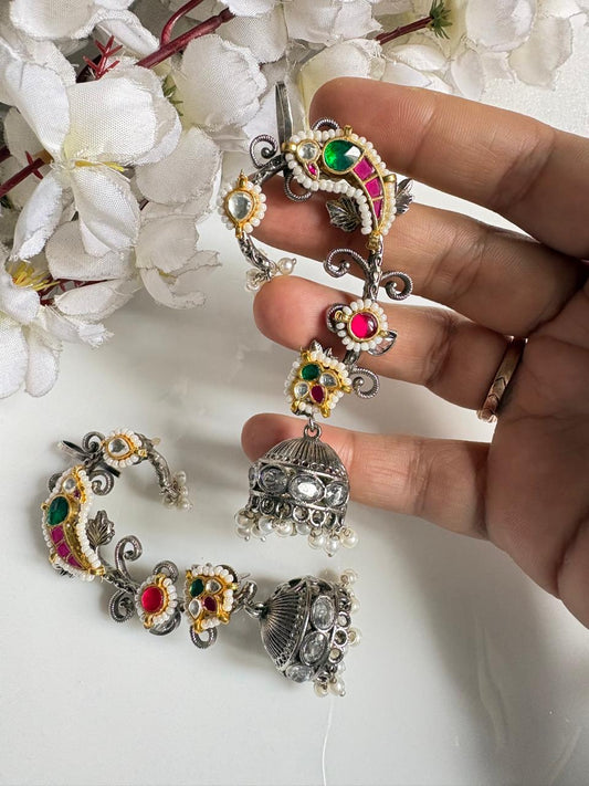 Rajsi Mayur Pachi Kundan Fusion SLA Ear Cuff Earrings with Pearl Jhumkas | Designer Peacock Ear Cuffs for Women