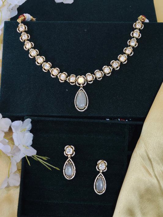 Mirzeya Polki Drop Necklace Set with Teardrop Pendant Elegant Wedding Jewellery India | Premium Indian Jewellery