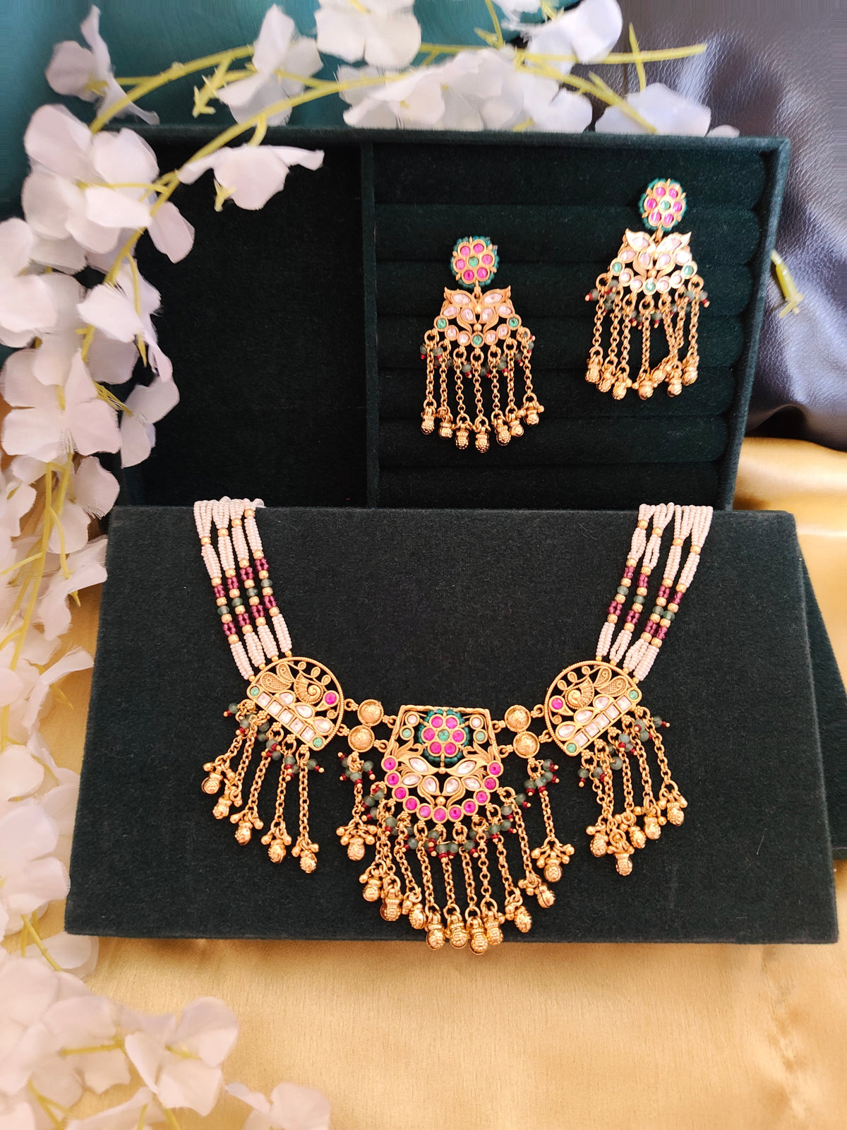 Rangmahal Meenakari Necklace Set | Premium Antique Gold Beaded Statement Necklace with Earrings