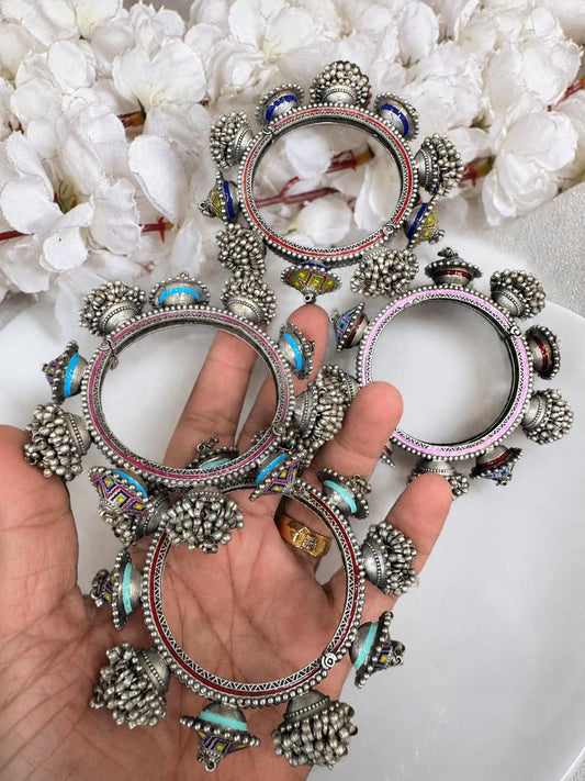Rangrekha Hand-Painted German Silver Tribal Ghungroo Kada(SINGLE) | Ethnic Statement Bangle for Women