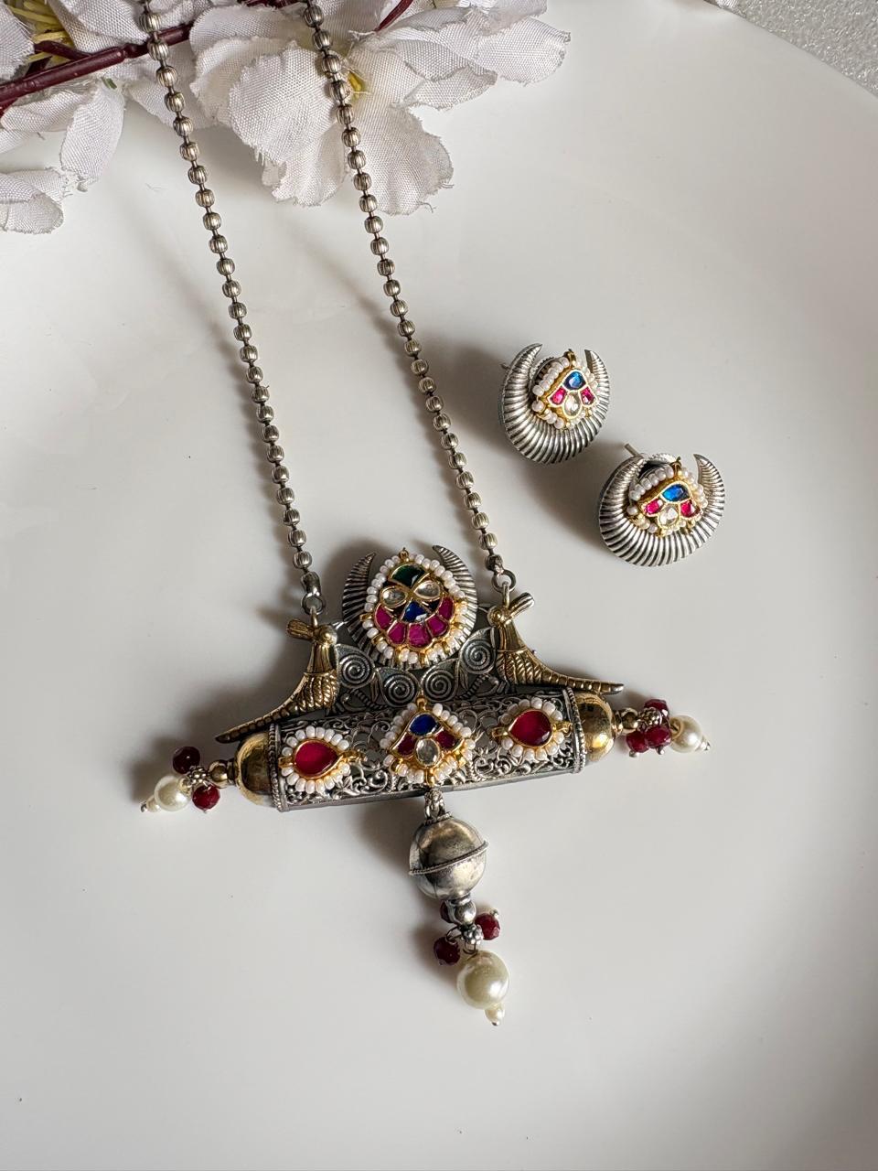 Mayur Kundan Fusion Dual Tone Long Necklace Set | Limited Edition