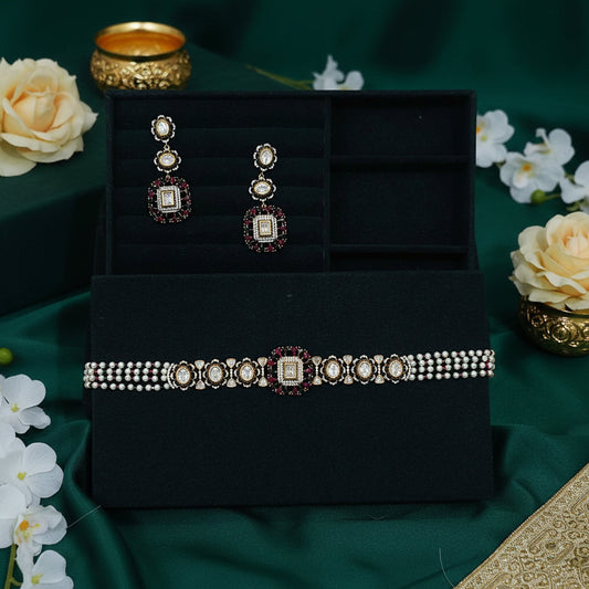 Polki Choker Necklace Set with Pearl Strands and Ruby Stones Bridal Jewellery India