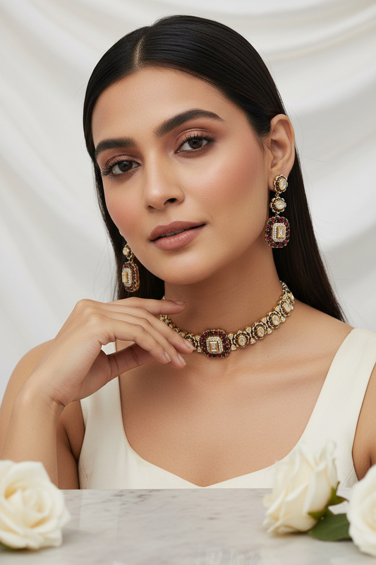 Ruhani Polki Pearl Choker Necklace Set Ruby Stone Bridal Jewellery India | Premium Indian Jewellery