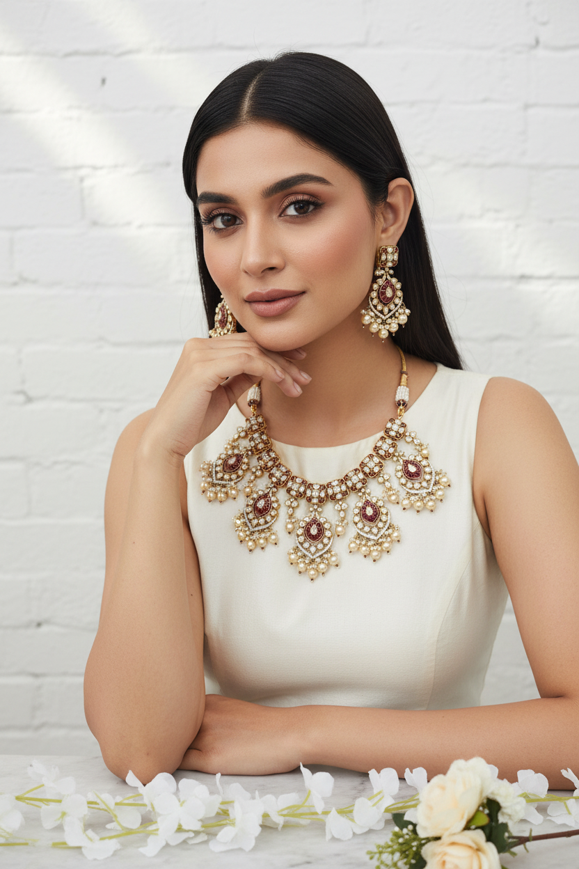 Ravisha Kundan Pearl Bridal Necklace Set Heavy Wedding Jewellery India | Premium Indian Jewellery