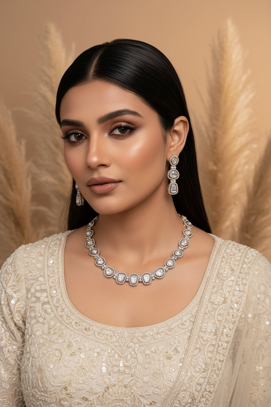 Aurevia Polki Moissanite Necklace Set with Matching Earrings Elegant Bridal Jewellery India | Premium Indian Jewellery