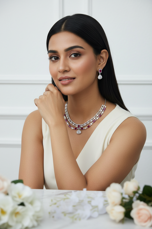 Anvitha Ruby Stone Polki Layered Necklace Set Elegant Wedding Jewellery India | Premium Indian Jewellery